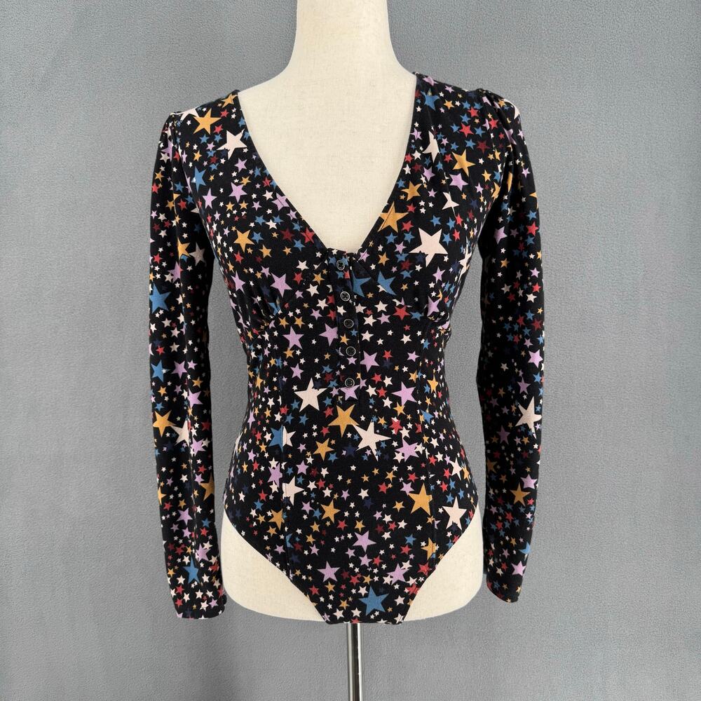 Free People Girls Like Us Starry Black Print Bodysuit Womens‎ Small V Neck